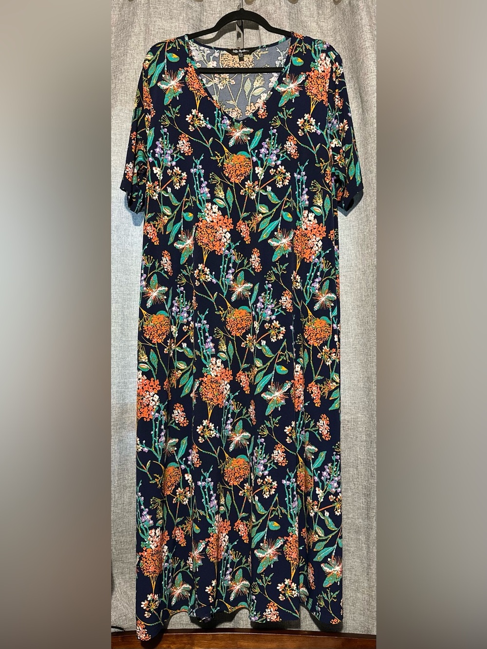 Ulla Popken Flexible Knit Vibrant Navy Floral Pull Over Maxi w Pockets Sz 20/22